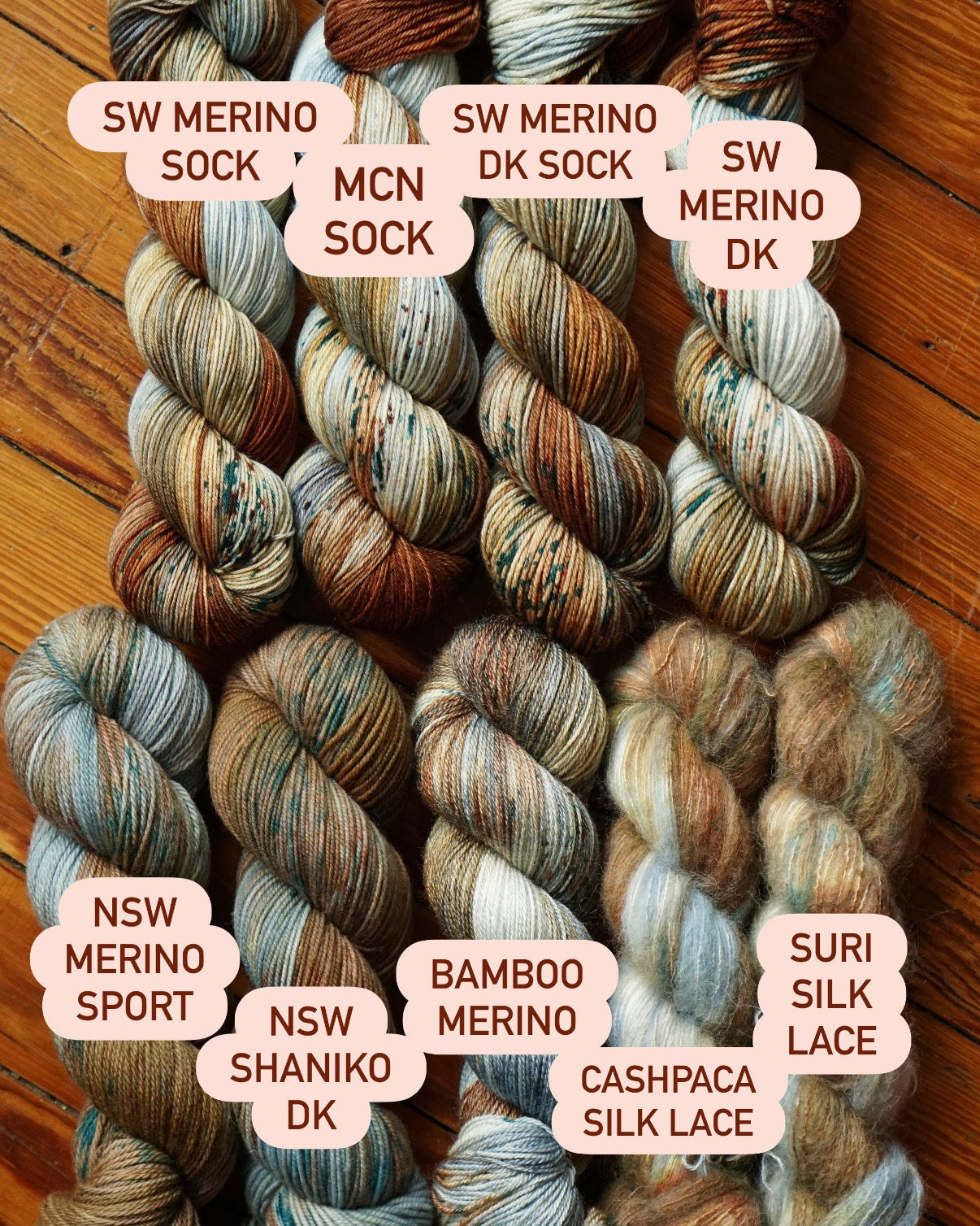 Collection of yarn skeins with labels on a wooden surface