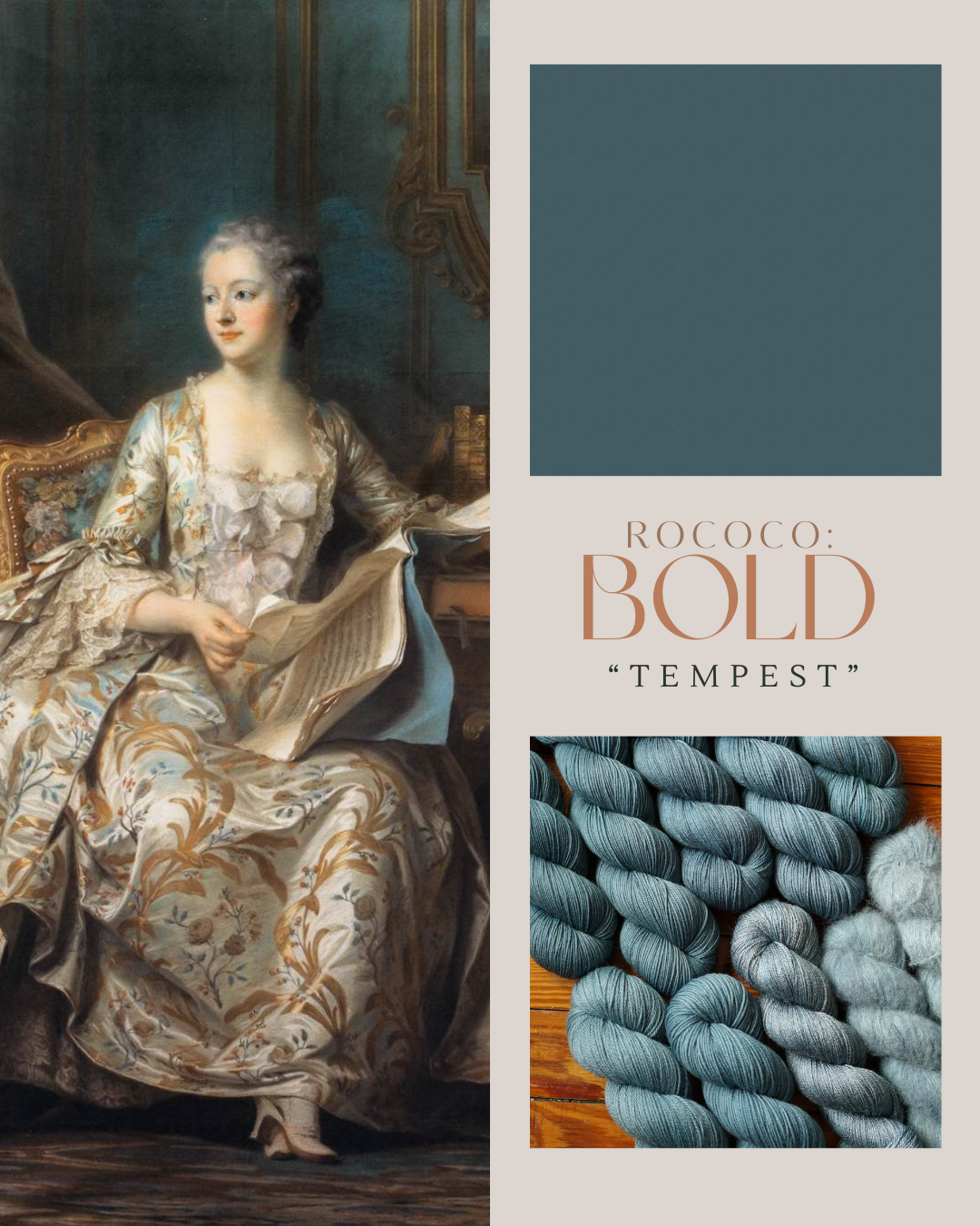 Portrait of a woman in an ornate dress with a color swatch labeled 'Rococo Bold Tempest' and yarn sample.