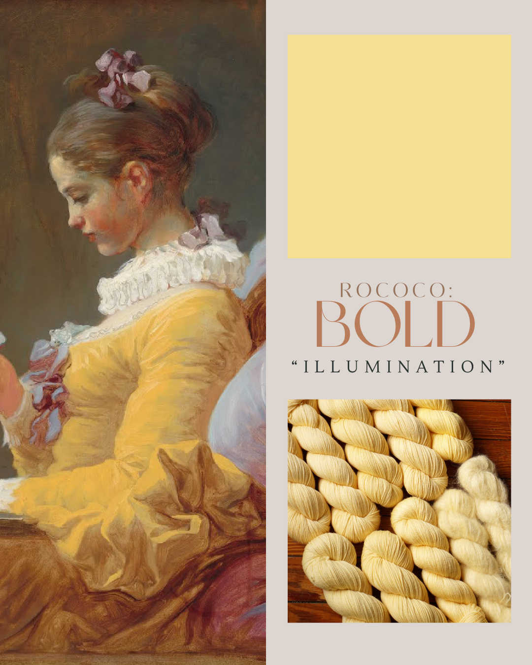 Artistic depiction of a woman in Rococo style with a close-up of yarn on a beige background.