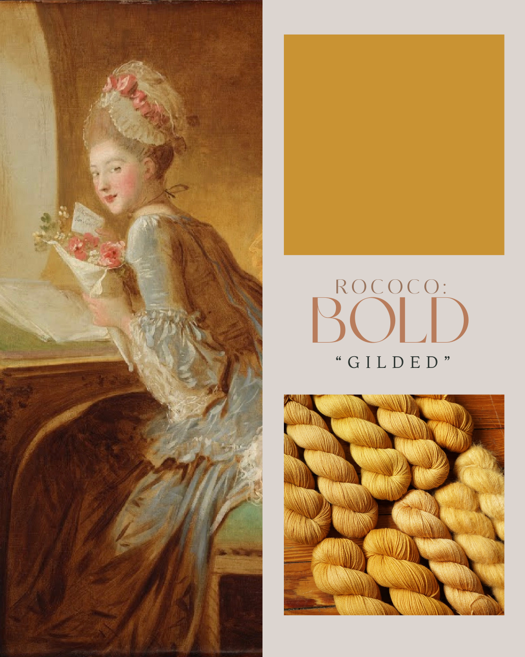 Rococo-style painting of a woman with decorative text and yarn texture.