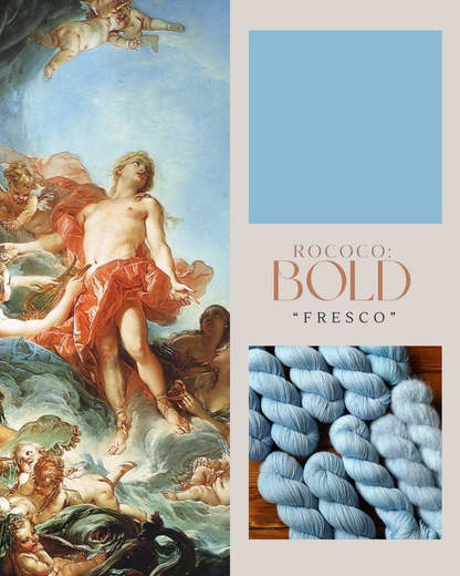 Fresco painting with classical figures and a close-up of blue yarn labeled 'Rococo: Bold Fresco'.