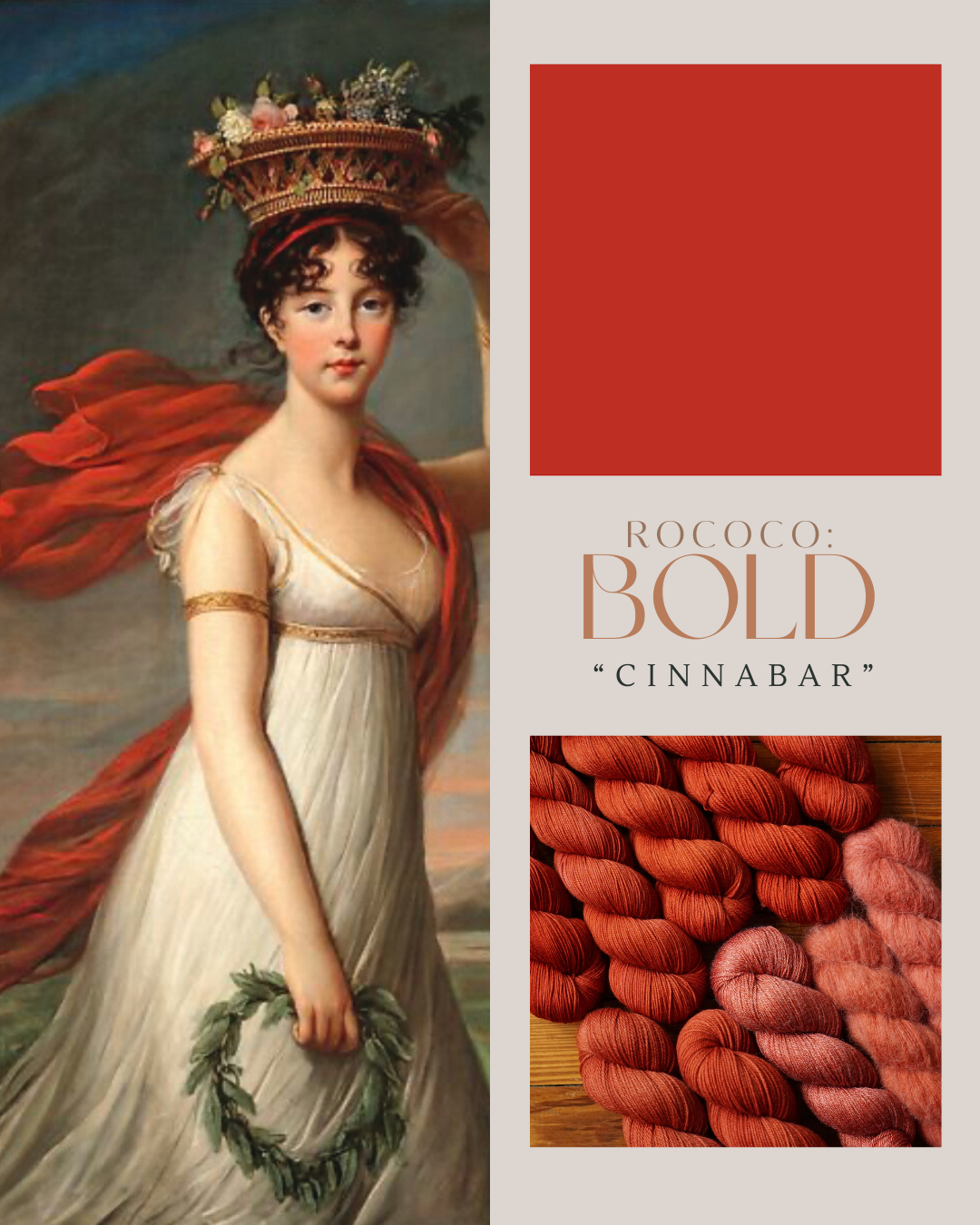 Portrait of a woman in classical attire with vermilion red scarf draped over her.  This image accompanies a swatch of cinnabar red and matching red yarn.