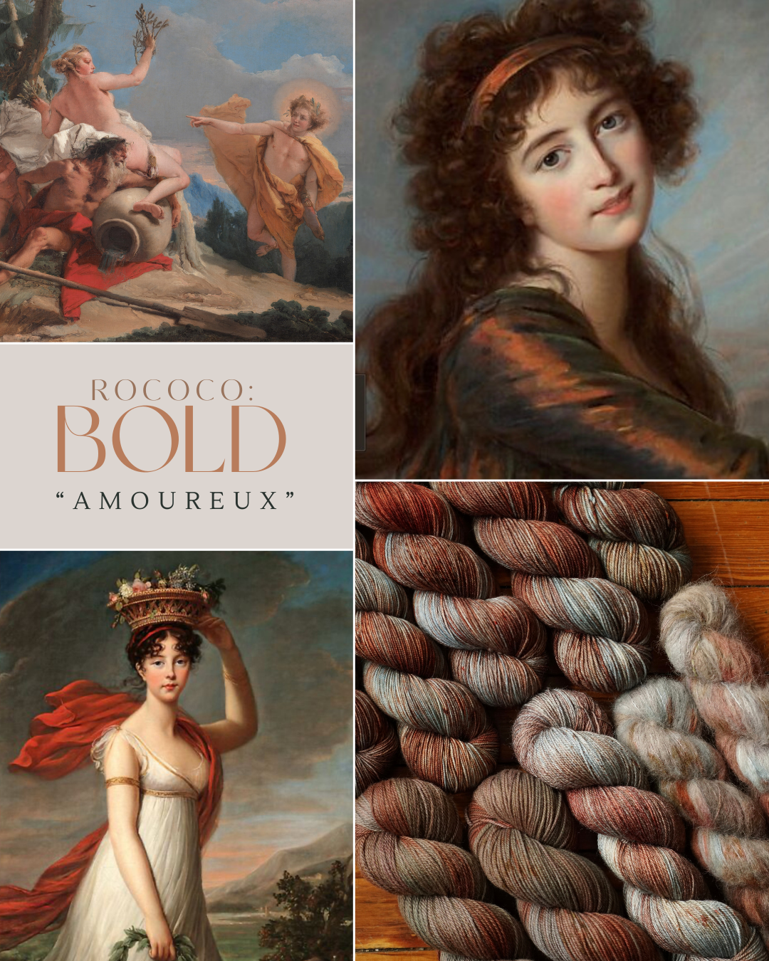 Collage of Rococo-style paintings and yarn with text 'Rococo: Bold Amoureux'.