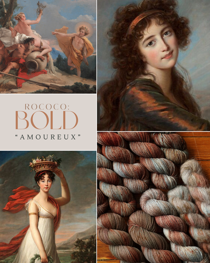 Collage of Rococo-style paintings and yarn with text 'Rococo: Bold Amoureux'.