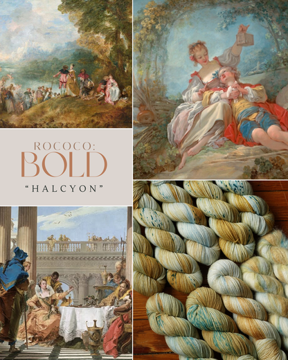 Collage of Rococo-style artwork and yarn with 'Rococo: Bold Halcyon' text.