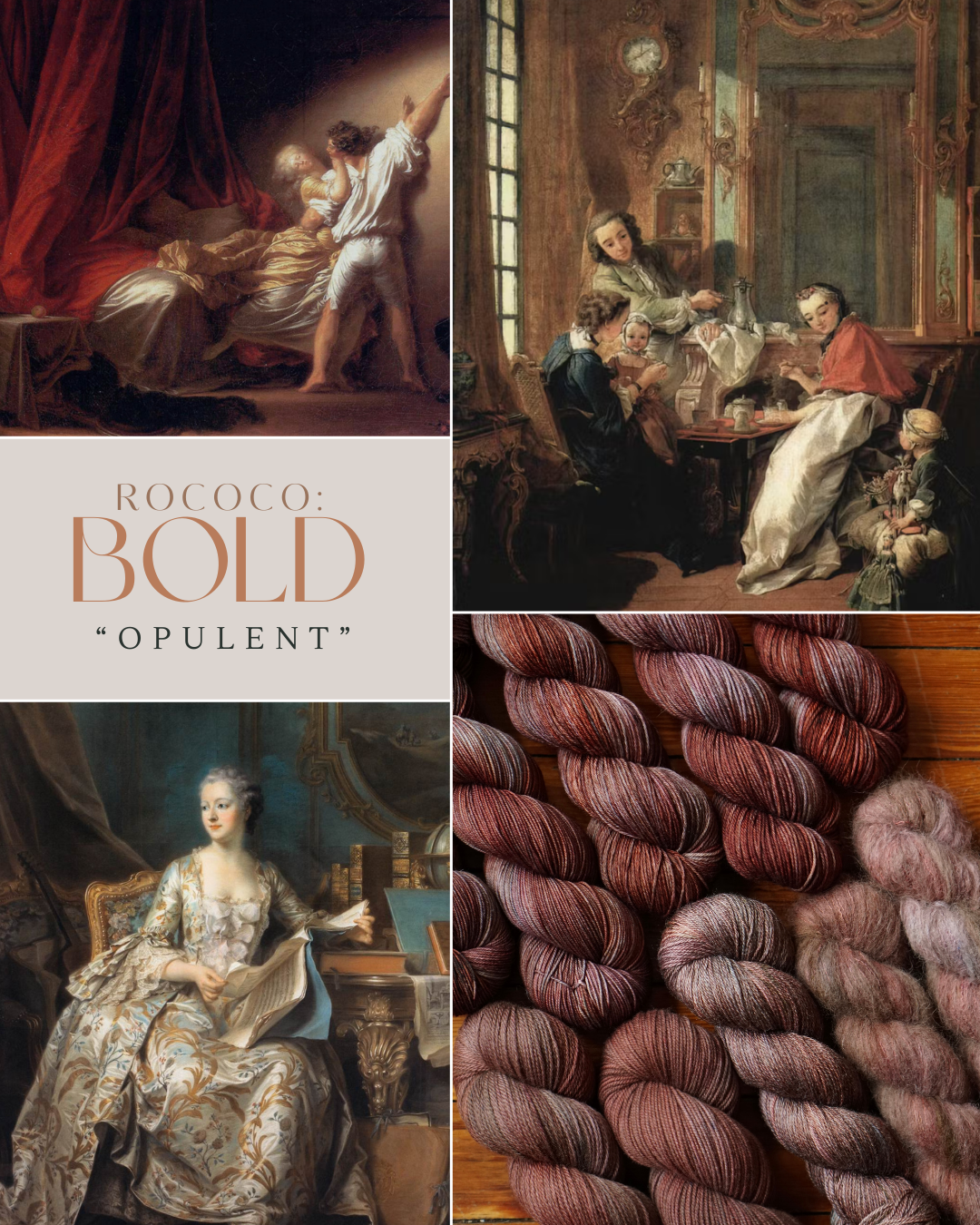 Collage of Rococo-style artwork and yarn with a focus on opulence.
