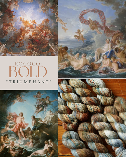 Collage of Rococo-style artwork and skeins of yarn with text 'Rococo: Bold, Triumphant'.